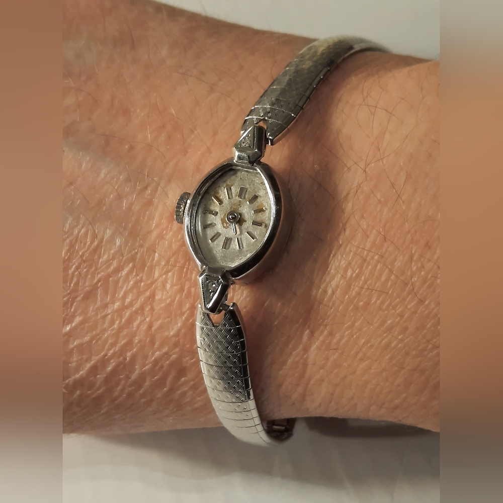 14K Solid WhiteGold Watch With 2 Diamonds Antic Watch LIBERTY.